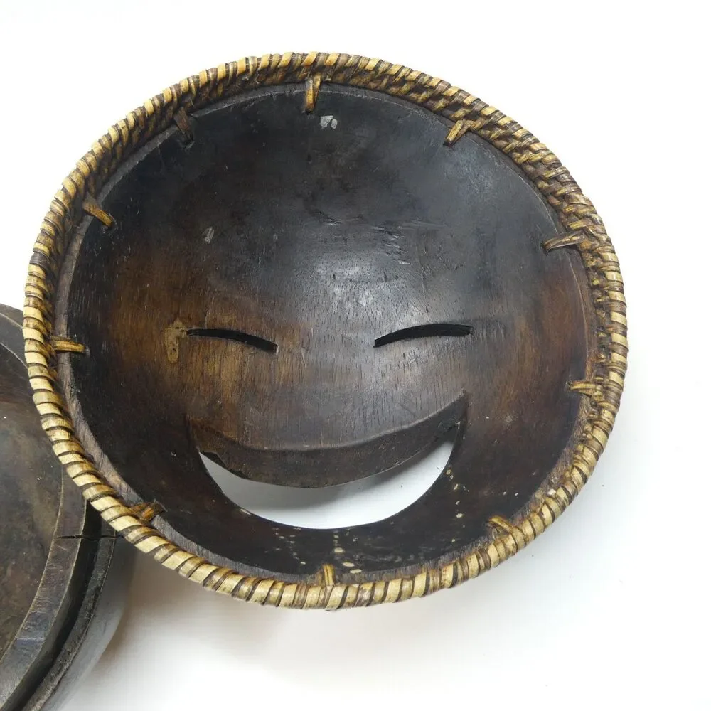 Hand Carved Wooden Face Bowl Mask Lid Vintage MCM Tribal Open Mouth